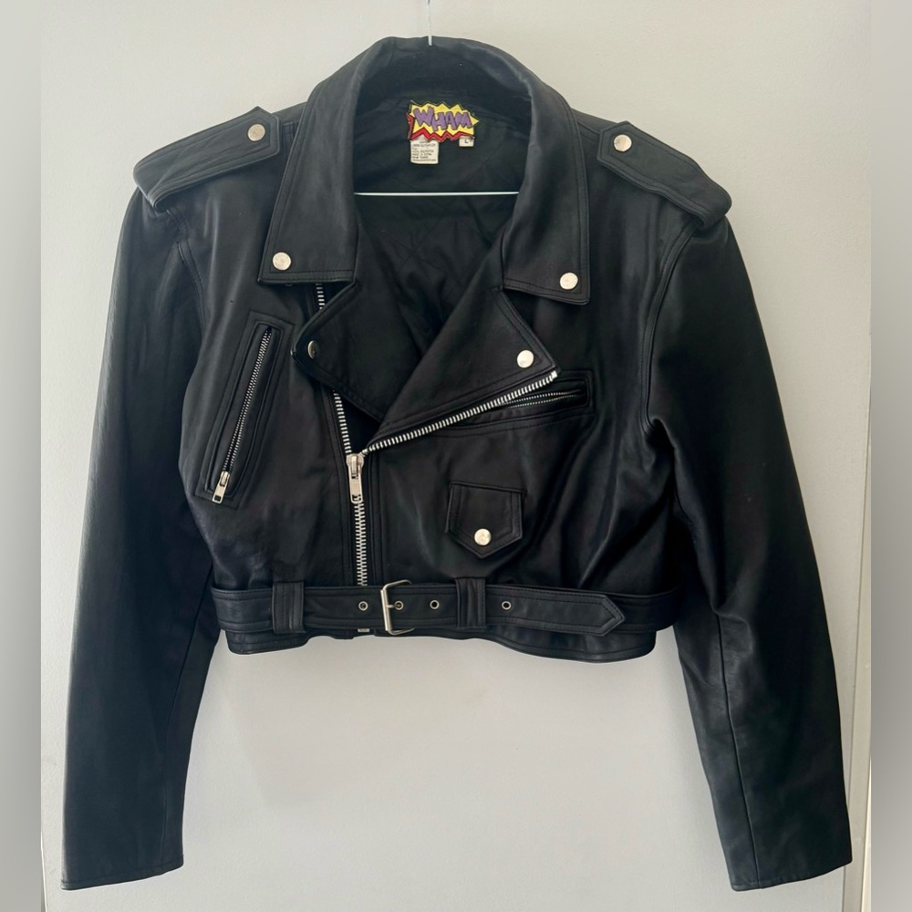 Classic Black Cropped Leather Motorcycle Jacket - Women